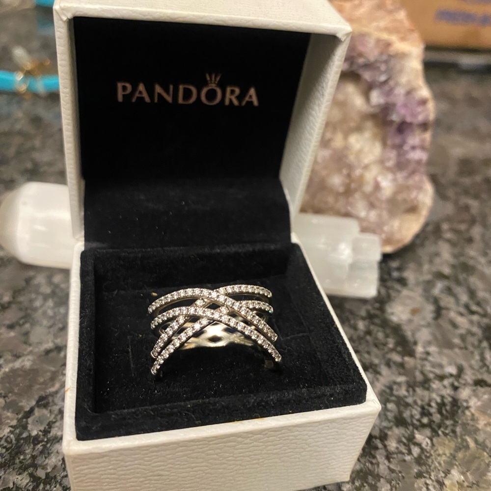 Pandora Silver Sparkling Crossover Ring (7.5)